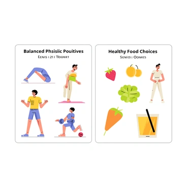 A poster displaying a balanced physical activity routine and healthy food choices. On the left side, there are illustrations of various exercises, including a person jogging, another doing yoga, and someone lifting weights. Each activity is depicted with vibrant colors and clear motion lines to show movement. On the right side, there are images of healthy food items, such as a green salad, bright red strawberries, and a glass of orange juice. The titles "Balanced Physical Activity Routine" and "Healthy Food Choices" are prominently displayed at the top in bold lettering. The overall layout is organized and visually appealing.