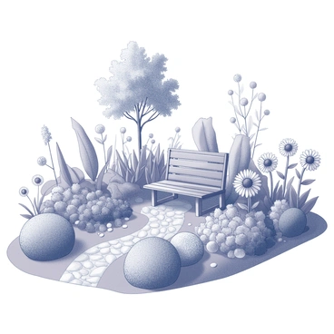 A garden filled with various plants and flowers is showcased. The garden features a variety of shapes and sizes of leaves, with some plants blooming while others are lush and green. Several flowers are arranged throughout the garden, including daisies and sunflowers, each with distinct petal shapes and sizes. The garden also includes small pathways made of pebbles that wind through the foliage, inviting exploration. A small wooden bench is positioned under a tree, providing a resting spot in the lush environment.