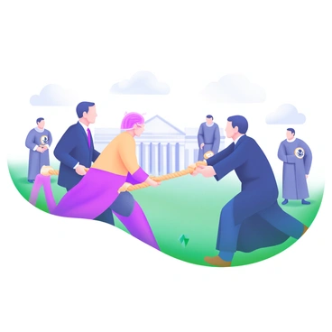 A scene depicting a tug-of-war game involving three groups representing the branches of government: the Executive, the Legislative, and the Judicial. Each group is dressed in distinct outfits symbolizing their roles. The Executive group wears suits and ties, the Legislative group dons formal attire with badges, and the Judicial group is in black robes. The rope is taut, with each group pulling equally, showcasing their strength and determination. The background is filled with a grassy field, and spectators are watching the game, adding to the lively atmosphere of teamwork and competition.