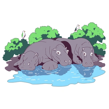 A group of large grey hippos is lounging in a cool watering hole surrounded by lush green vegetation in the heart of Africa. The hippos are partially submerged in the water, with only their eyes and nostrils visible above the surface. Some hippos are resting on the muddy banks, their skin glistening from the water. The sun casts bright reflections on the water's surface, creating dynamic highlights. Nearby, a few birds are perched on the edges of the watering hole, providing a sense of peaceful coexistence.