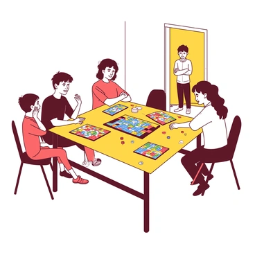A yellow table is covered with various colorful board games as a family joyfully plays together. The family members, consisting of a father, a mother, and two children, are smiling and engaged in the game, with pieces scattered around. In the background, a solitary child stands in a doorway, looking in with a frown and crossed arms, feeling left out. The doorway is framed by light, emphasizing the child's isolation from the joyful scene at the table.