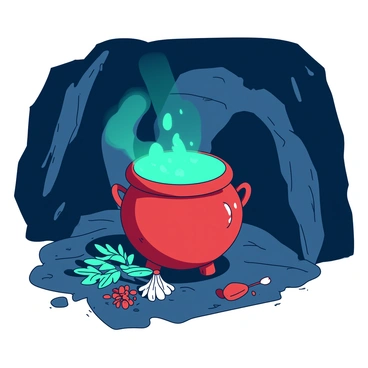 A red cauldron sits in the center of a dark cave, emitting a bright teal glow that illuminates the surrounding rocky walls. Shadows dance across the cave as the light from the cauldron reflects off the uneven surfaces. Various herbs and potion ingredients are scattered around the cauldron, adding to the scene's enigmatic atmosphere. The cave's entrance is barely visible in the background, hinting at the secrets hidden within.