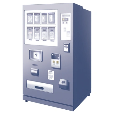 A futuristic vending machine with a sleek, metallic exterior and an illuminated display. The machine has multiple sections, each designed to hold different types of lottery tickets such as scratch-offs and draw tickets. There are buttons and a touchscreen interface for user interaction, along with a slot for inserting cash or cards. The front panel features a large digital screen showcasing various lottery options and their potential prizes. The base of the machine is equipped with a compartment to collect dispensed tickets.