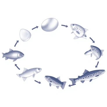 A detailed nature diagram illustrating the life cycle of a brook trout. The diagram includes distinct stages from the "egg," which is small and oval-shaped, to the "alevin," displayed with developing features inside a protective sac. Next, the "fry" stage is shown as tiny, free-swimming fish with a few faint markings. Following that, the "juvenile" stage features a larger brook trout with more prominent colors and patterns. Finally, the "adult" stage illustrates a fully grown brook trout with vibrant markings, displaying its characteristic shape and fins. Each stage is labeled clearly, and arrows indicate the progression from one stage to the next.
