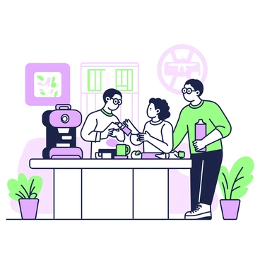 A cozy office break room features a coffee machine on a countertop. A group of three coworkers is gathered around a small table. One coworker, a man with glasses, is pouring coffee into a cup, while another coworker, a woman with curly hair, is smiling as she holds a pastry. The third coworker, a man wearing a green shirt, is leaning against the counter, holding a thermos. The walls are adorned with cheerful artwork, and a potted plant sits in the corner, adding to the warm atmosphere.