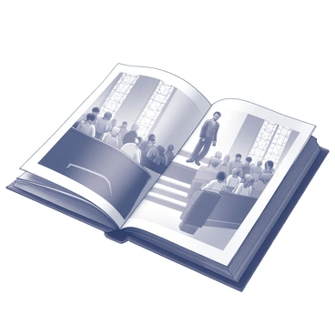 An artist's sketchbook open to a page illustrating a classic sermon scene with intricate details
