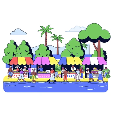 A riverside market along the Congo River with colorful stalls. Each stall is topped with bright awnings in various colors, showcasing fresh fruits, vegetables, and handmade crafts. Traders are actively engaging with customers, some are smiling, while others are arranging their goods. The river flows gently in the background, reflecting the colors of the market. Lush greenery and palm trees can be seen in the distance, adding to the vibrant atmosphere.