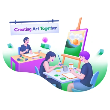 A modern pastel illustration depicting a vibrant art workshop in progress. Several participants are gathered around large tables, each engaged in different art projects. One participant is painting a landscape, while another is sketching in a notebook. There are a variety of art supplies scattered across the tables, including brushes, palettes, and colored pencils. In the background, a large easel displays a colorful canvas with an abstract design. The atmosphere is lively, with smiles and discussions among the participants as they share their creative processes. "Creating Art Together" is displayed prominently on a banner hanging above the workshop area.