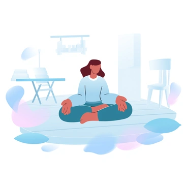 A girl is sitting cross-legged on the wooden floor of a sparsely furnished room. The room has minimal furniture, with only a small table and a single chair in the corner. Soft gradient pastel colors fill the background, creating a soothing atmosphere. Shadows stretch across the floor, enhancing the sense of calm. The girl is wearing a comfortable outfit, with her hands resting on her knees. A few decorative pillows are scattered around her, contributing to the cozy environment.