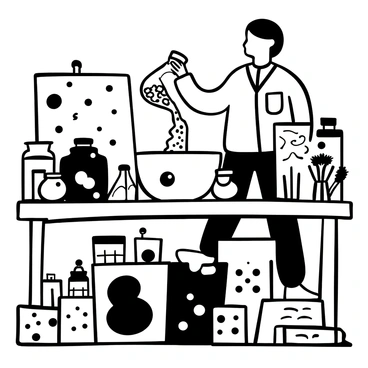A character experimenting with styles in a lab, mixing art supplies as if creating a science experiment.