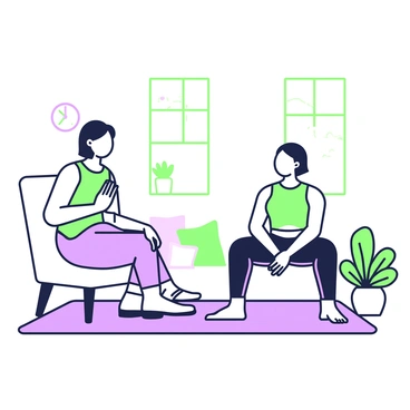 A therapist is sitting in a comfortable chair across from a patient who is seated on a yoga mat. The therapist has a calm expression and is demonstrating diaphragm-focused breathing techniques. The therapist is wearing a light-colored top and loose-fitting pants. The patient, who has a relaxed demeanor, is following the therapist's lead, with their hands resting on their abdomen to feel the breath. There are a few cushions and a small potted plant in the background, adding to the calming atmosphere of the room. A clock on the wall shows that it is a serene time of day, and a soft light filters in through a nearby window.