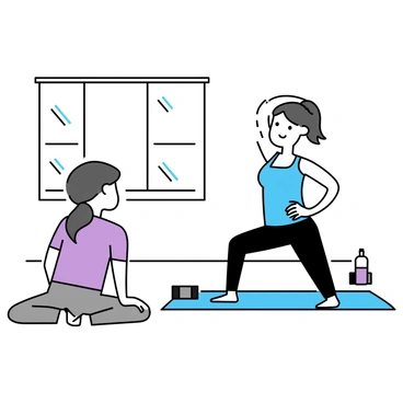 A yoga instructor is demonstrating the cat-cow stretch on a yoga mat in a well-lit studio. The instructor, wearing a blue tank top and black leggings, is in the cat position, arching their back. A beginner is following along, facing the instructor, dressed in a purple t-shirt and grey yoga pants. The beginner is in the cow position, with their back arched downward. There are yoga blocks and a water bottle nearby, creating a supportive atmosphere for learning. A large window allows natural light to fill the space, enhancing the focus on the stretch.