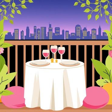 A balcony with a wooden railing, adorned with flowering plants. A round table is set for two, covered with a white tablecloth and featuring two elegant plates, silver cutlery, and crystal glasses filled with red wine. Several flickering candles in decorative holders cast a warm glow across the table setting. In the background, a vibrant city skyline is illuminated against the twilight sky, with shades of purple and blue. Soft pillows on the balcony floor add comfort, and a gentle breeze rustles the leaves of the nearby plants.