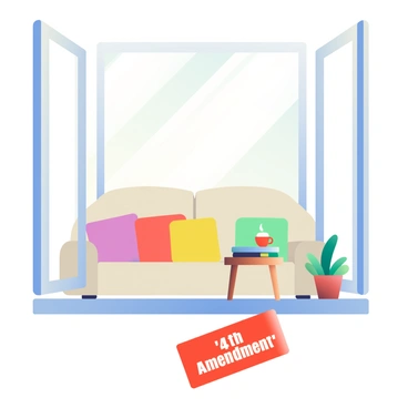 A view into a cozy home through a large window. The window has white frames and is partially open, allowing a gentle breeze to flow in. Inside, there is a beige couch adorned with colorful throw pillows. A small wooden side table next to the couch holds a steaming cup of tea and a stack of books. A potted green plant sits on the windowsill, adding a touch of nature to the scene. Affixed to the bottom corner of the window is a bright red sticker reading "'4th Amendment'" in bold white letters. Sunlight streams in, casting soft shadows across the room, creating a warm and inviting atmosphere.