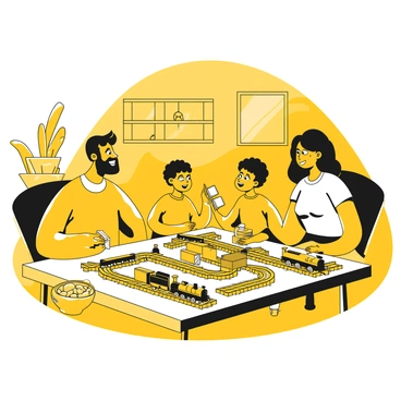 A family of four sitting around a table, engaged in a train-themed board game. The table is covered with a colorful game board depicting a railway layout. Each family member has a miniature locomotive in front of them, positioned on the tracks. The father is pointing at the board while the mother is smiling and holding a handful of game cards. Two children are leaning in, excitedly discussing their next moves. A bowl of snacks is placed on the table next to a stack of game pieces, and a cozy living room setting is visible in the background.