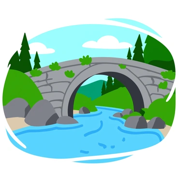An old stone bridge with a rugged, textured surface spans across a gentle stream. The bridge features arched designs and is covered with patches of green moss and small plants. Beneath the bridge, clear water flows steadily, reflecting the light and creating ripples. The surrounding landscape is dotted with lush greenery and tall trees, with a few rocks visible along the bank of the stream. Soft sunlight filters through the leaves, creating dappled patterns on the water's surface.