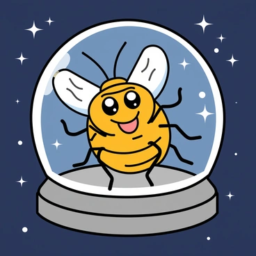 A small, cartoonish fruit fly with oversized eyes and a cheerful expression is floating inside a shiny, transparent space helmet. The helmet is slightly oversized for the fly, making it look even more playful. Surrounding the helmet are twinkling stars in various sizes, shining brightly against a deep blue background. The helmet is detailed with small ridges and a chin strap that looks snug on the fly. The fruit fly's wings are delicately spread, and its tiny legs are curled up inside the helmet, giving it a curious and adventurous appearance.