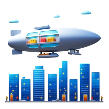 A futuristic cargo airship with sleek, metallic surfaces is hovering above a city skyline. The airship has large, transparent cargo holds from which various goods are being unloaded. Below, the city is filled with modern buildings, showcasing a blend of glass and steel architecture. Bright lights from the structures illuminate the scene as people look up, watching the airship. The sky is clear with a few scattered clouds, emphasizing the high-tech nature of the airship.