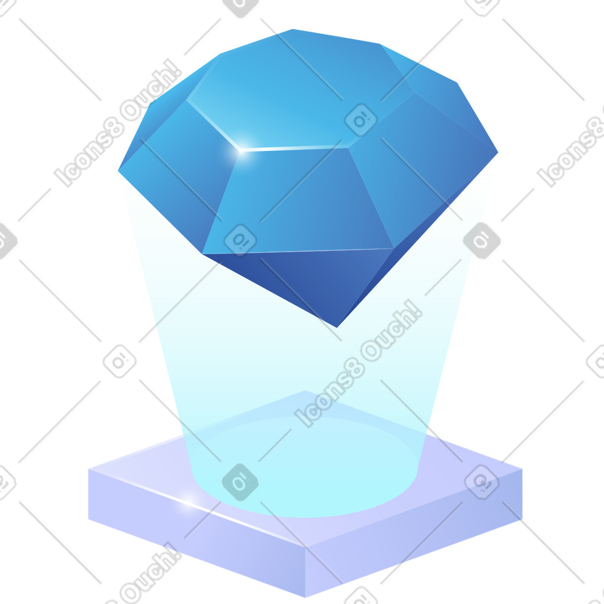 Illustration Gemstone hologram projected above futuristic glowing platform base dans le style Quantum à télécharger aux formats PNG, SVG