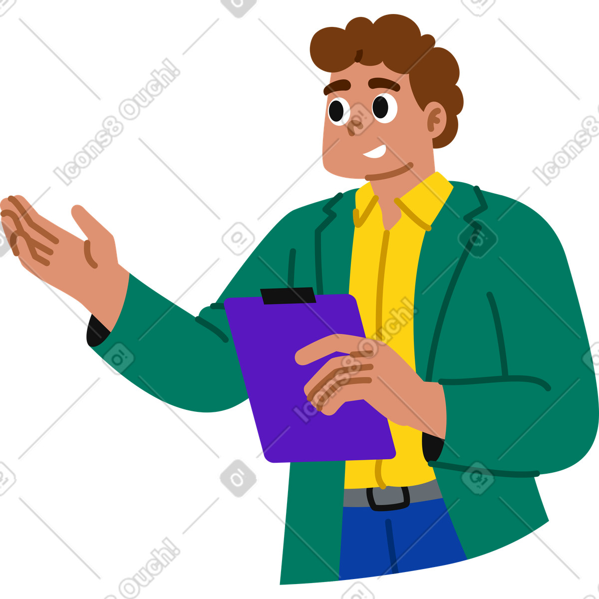Active スタイルの クリップボードを持って話している男性 のイラストをPNG、SVG形式でダウンロード