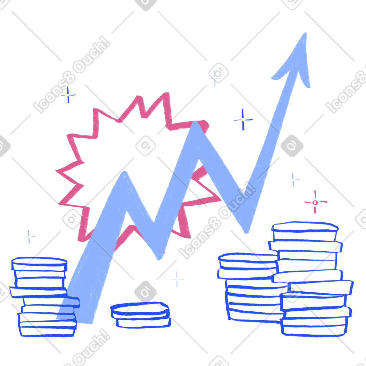 Ilustración Gráfico creciente con monedas en estilo Quirky a descargar en PNG y SVG