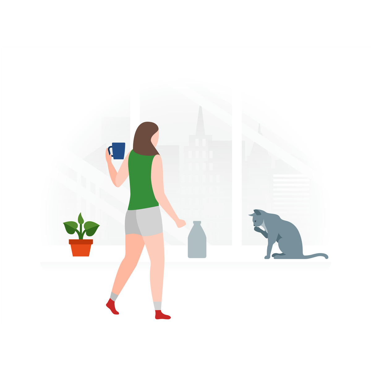 Fogg スタイルの Woman drinking coffee and looking at her cat のイラストをPNG、SVG形式でダウンロード