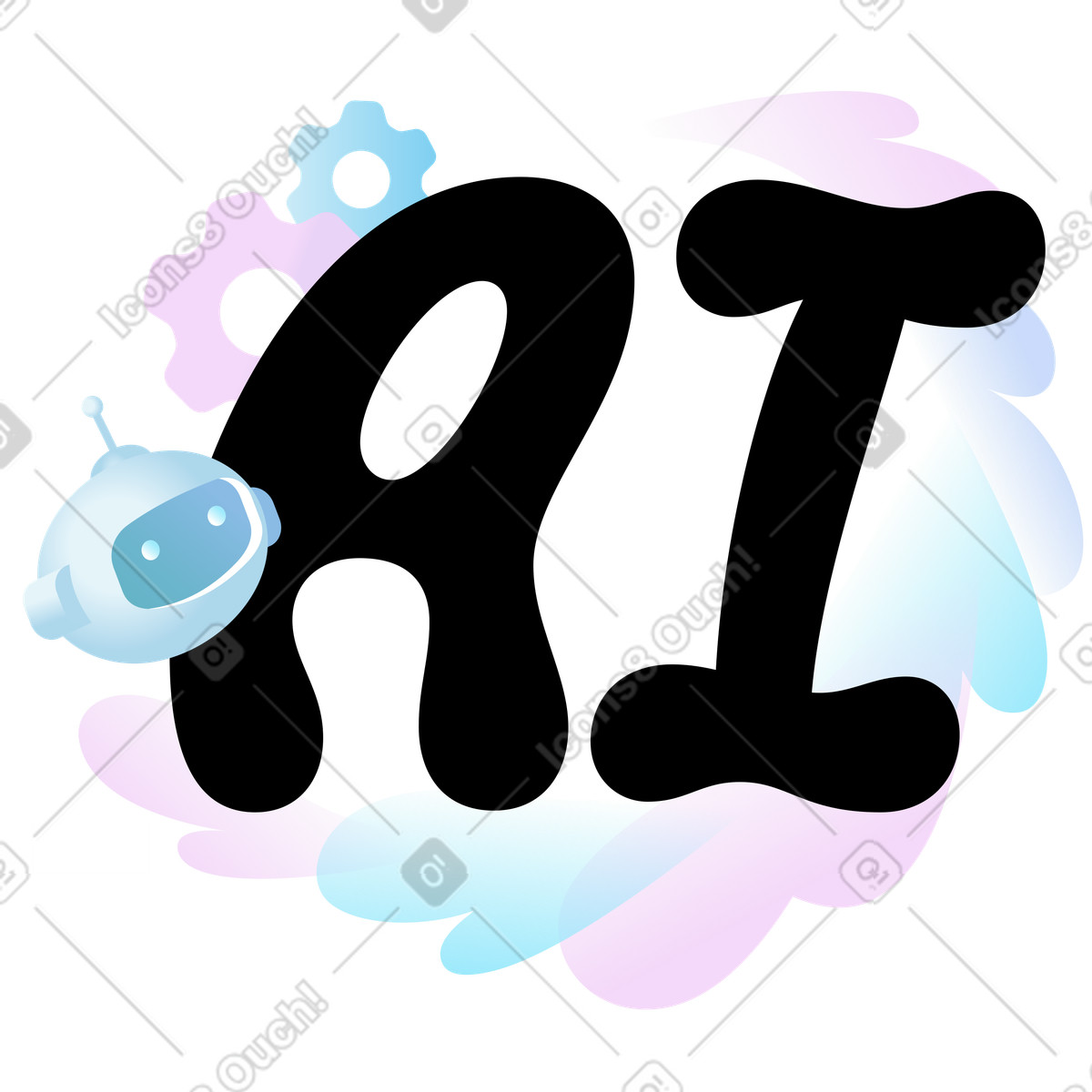 Airy スタイルの Ai lettering with gears and chatbot, artificial intelligence innovation のイラストをPNG、SVG形式でダウンロード