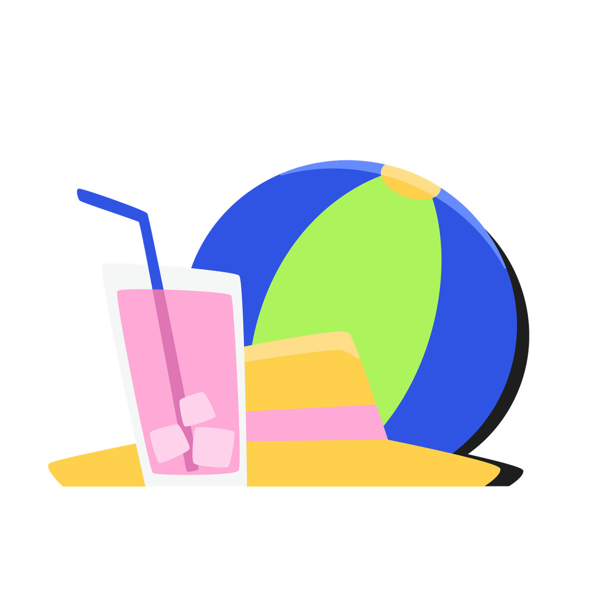 Ilustración Drink with ice and straw, a beach ball hat en estilo Bouncy descargar en PNG y SVG