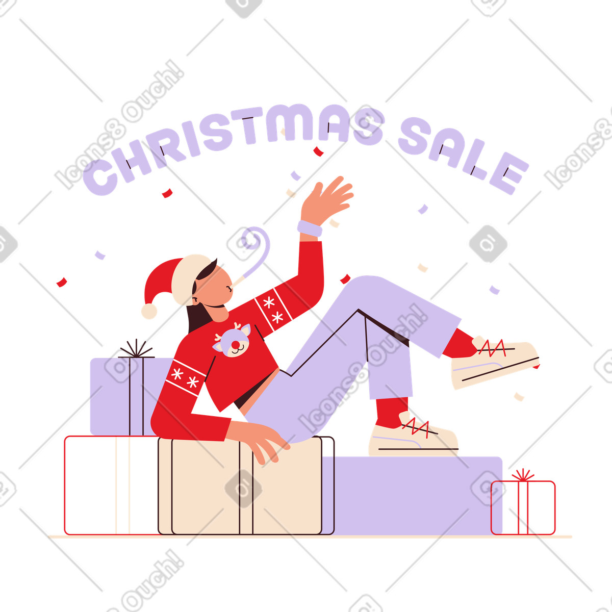 Lettering christmas sale con ragazza che siede sul testo di scatole regalo illustrazione in stile Folks scarica in PNG, SVG