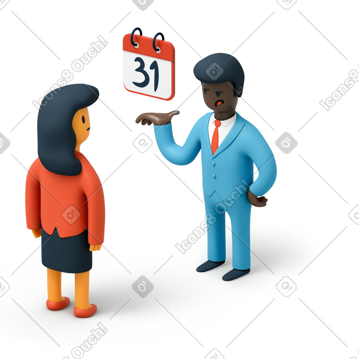 Ilustração de Homem terno lembrando o funcionário sobre um próximo prazo em no estilo 3D Flame para baixar em PNG, SVG