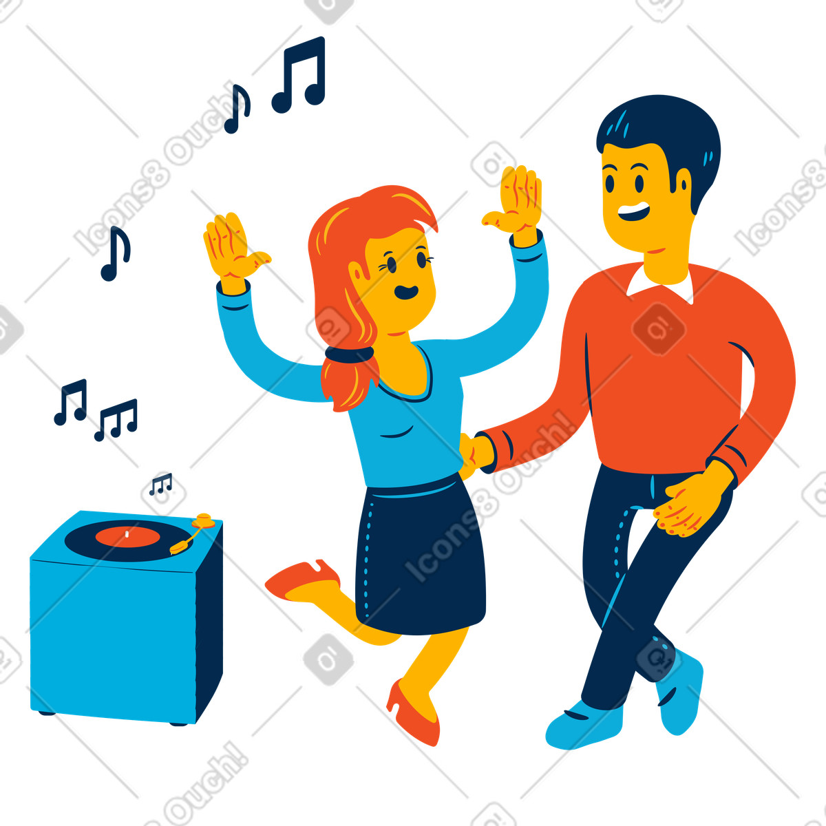 Illustration Couple dansant ensemble sur la musique d'un tourne-disque vinyle dans le style Flame à télécharger aux formats PNG, SVG