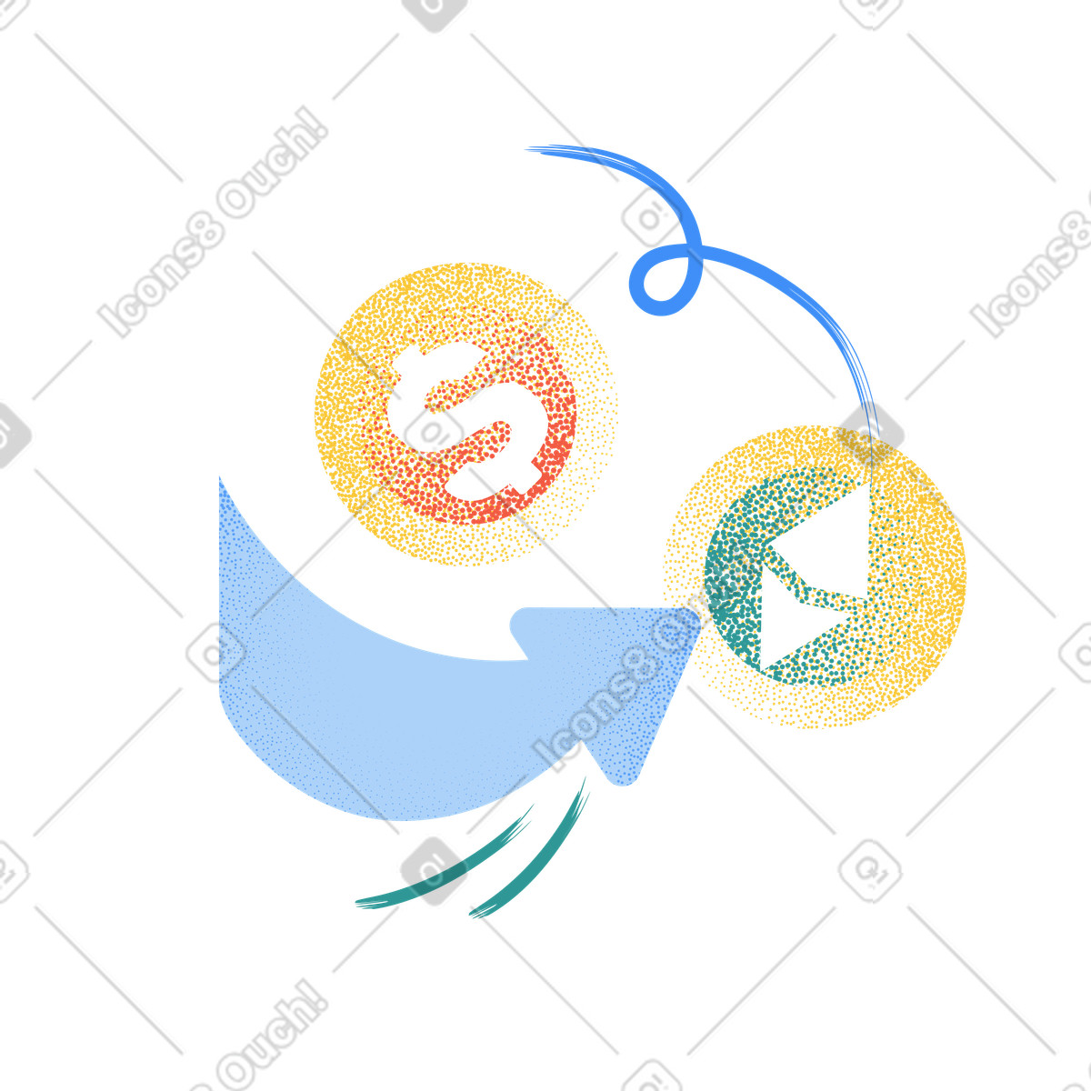 Currency exchange, foreign exchange transactions, bank savings, money, cryptocurrency-Illustration im Grain-Stil als Download in PNG, SVG