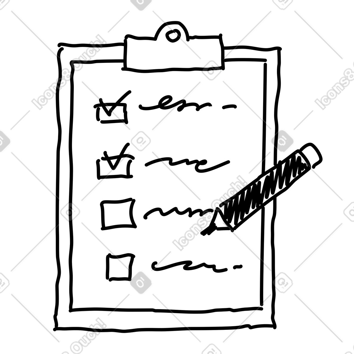 Checklist clipboard with pen marking completed survey answer boxes illustrazione in stile Rough Sketch scarica in PNG, SVG
