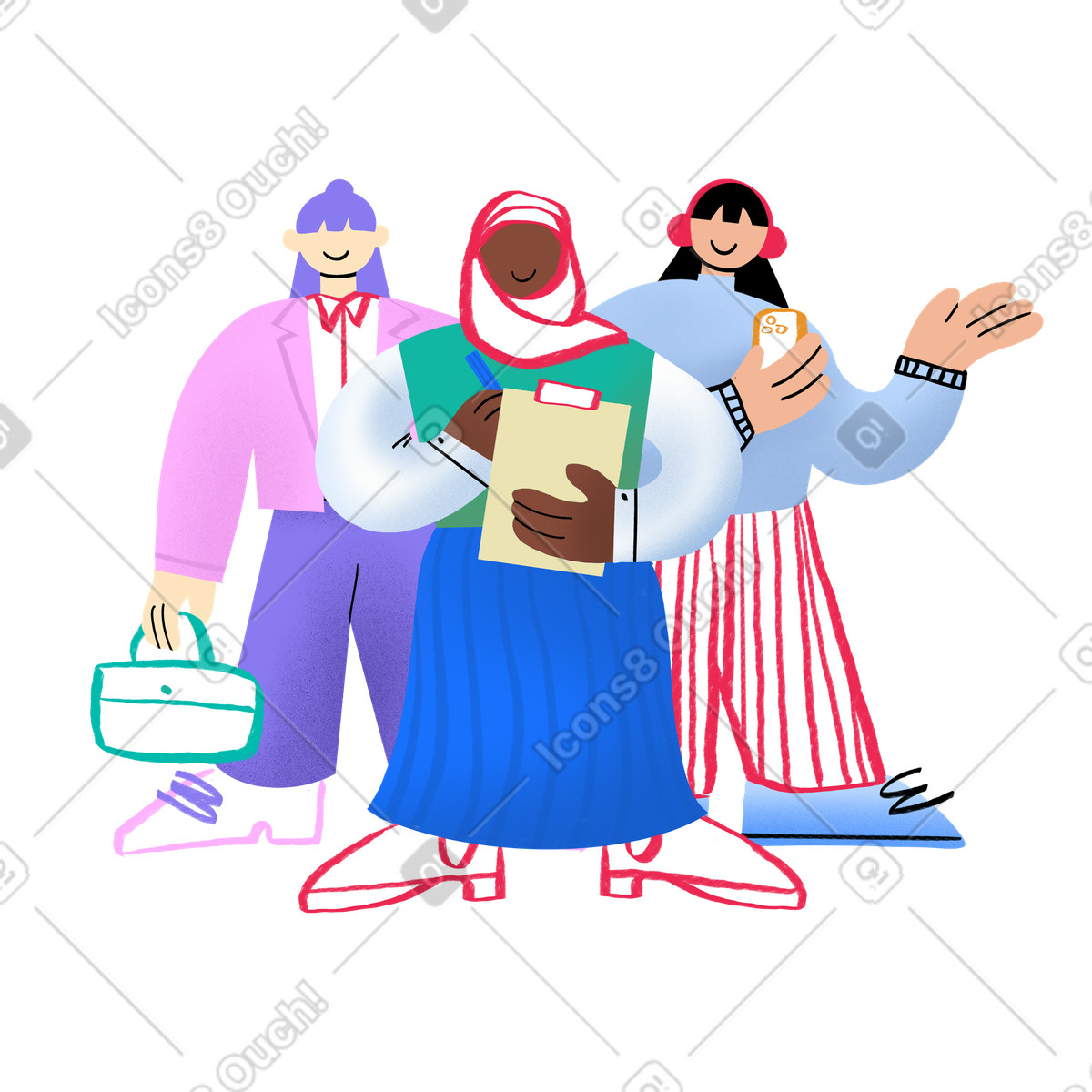 Three working women standing together illustration in Bonny style download in PNG, SVG