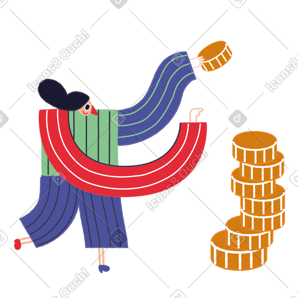 Woman saving money in a stack illustration Stripy style download PNG, SVG