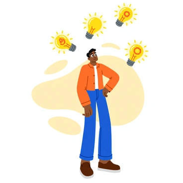 A person standing with a thoughtful expression, their head tilted slightly upward. Several lightbulbs float above their head, each glowing brightly and radiating a warm yellow light. The lightbulbs vary in size and are positioned at different heights to create a sense of depth. Each bulb contains different symbols or icons inside, such as a small tree for growth, a book for knowledge, and gears for new ideas. The background features soft, abstract shapes that enhance the focus on the person and the lightbulbs.
