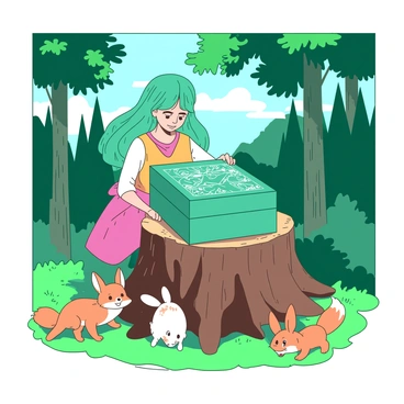 Nami placing a beautifully illustrated box on a tree stump in a lush forest, surrounded by curious animals.