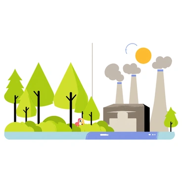 A split landscape featuring a lush green forest on the left side with tall trees, dense foliage, and vibrant wildlife. On the right side, an industrial site is depicted with gray smokestacks releasing thick clouds of gray smoke into the air. The contrast between the natural elements and industrial structures is stark, emphasizing the impact of CO2 emissions. Above the industrial site, the sky appears hazy, while the forest side showcases bright blue skies and the sun shining through the leaves.