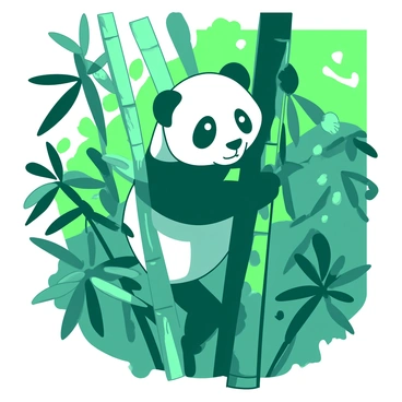 A teal panda cub is climbing up a tall bamboo stalk in a vibrant green forest. The panda's small paws grip the bamboo tightly, and its black patches around the eyes are clearly visible against the teal fur. The background is filled with various shades of green foliage, with sunlight filtering through the leaves, casting intricate shadows on the forest floor. The bamboo stalks surrounding the cub provide a rich texture, emphasizing the playful and adventurous spirit of the scene.