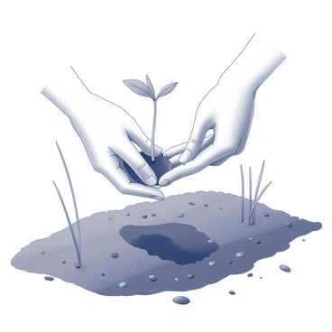 A pair of hands holding a small seedling, carefully positioned above a patch of dark soil. The fingers of the hands are slightly dirty, indicating recent digging. The palm is cupping the base of the seedling as it is being lowered into the earth. Surrounding the hands is a garden bed with rich soil, small pebbles scattered throughout, and a few blades of grass peeking through. The scene captures the intimate action of planting, with the focus on the nurturing gesture of the hands.