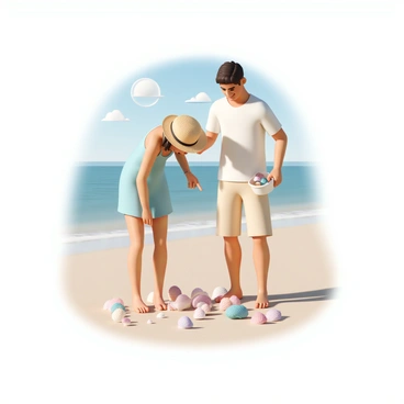Two people are standing on a beautiful sandy beach, surrounded by an array of colorful seashells scattered across the shore. One person, a young woman, is wearing a light blue sundress and a wide-brimmed straw hat. She is bending down to pick up a shiny, pink seashell, with a look of excitement on her face. The other person, a young man, is wearing a white tank top and beige shorts. He is standing beside her, holding a small bucket filled with seashells, smiling as he points to a unique shell in the sand. The sun is shining brightly, and gentle waves are lapping at the shore in the background.