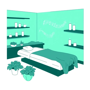 A teal spa room features soft ambient lighting with multiple white candles placed on shelves and tables. The candles have a gentle flicker, casting soft shadows on the walls. In the center of the room, there is a white massage table covered with a plush teal blanket. The table is surrounded by small potted plants with green leaves, adding a touch of nature to the setting. In the background, there are delicate musical notes represented in an abstract form, indicating the presence of soft music filling the air.