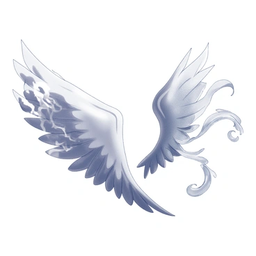 A pair of wings with distinct elemental characteristics. The left wing is composed of flickering flames, twisting and curling with intensity. The right wing is formed from flowing water, cascading and shimmering with movement. The wing on the left displays earthy textures, resembling rocks and soil, creating a sturdy, grounded appearance. The wing on the right features wispy, feather-like structures that represent air, curling and flowing gracefully. Each wing occupies space in a dynamic pose, showcasing their elemental nature.