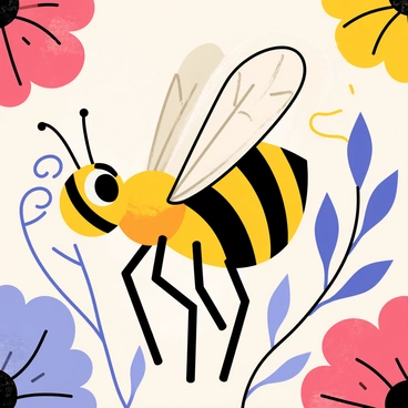 A large bee with detailed black and yellow striped wings is positioned in the center of the mural. The bee has prominent eyes and delicate antennae, showcasing intricate patterns on its body. Surrounding the bee are vibrant abstract floral patterns in various shapes and colors, including red, blue, and purple. Each flower features unique designs and swirls, creating an energetic contrast with the bee. The background consists of soft gradients that enhance the overall visual impact of the mural.