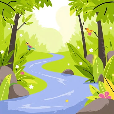 A vibrant rainforest scene with a winding river flowing through lush greenery.