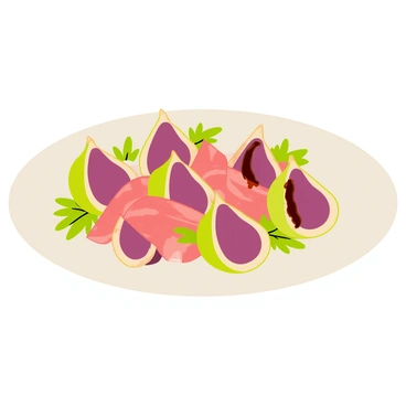 A round white plate holds several fresh figs, each cut in half to reveal their deep purple interior. The figs are delicately wrapped in thin slices of prosciutto, showcasing their contrasting colors. Sprigs of vibrant green arugula are scattered around the plate, adding a peppery touch to the presentation. A drizzle of balsamic glaze glistens atop the figs, enhancing the visual appeal of the dish.