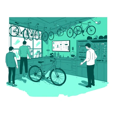 A teal bike repair shop filled with various bicycles in different stages of repair. Several bicycles are hanging on the walls, showcasing an array of colors and styles, while tools are neatly organized on a white wall-mounted pegboard. In the center of the shop, a mechanic is focused on fixing a bicycle, surrounded by parts and tools. Sunlight filters through the windows, illuminating the workspace and casting shadows on the floor. The atmosphere is lively with customers browsing and discussing repairs.