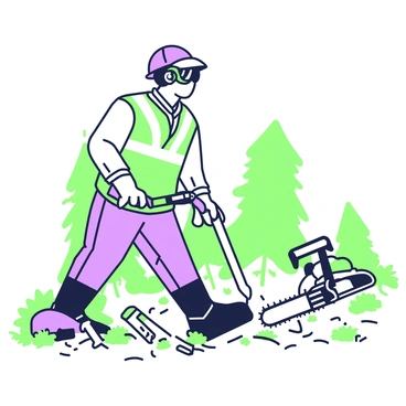 A worker is standing in a wooded area, demonstrating proper safety gear while using a chainsaw. The worker is wearing a hard hat with a visor, safety goggles, and ear protection. They have on a high-visibility jacket and protective gloves. The chainsaw is securely held in both hands, with attention to its blade position. Surrounding the worker, there are tall trees, and the ground is covered with fallen leaves and branches. In the background, there are additional tools and safety equipment arranged neatly on the forest floor.