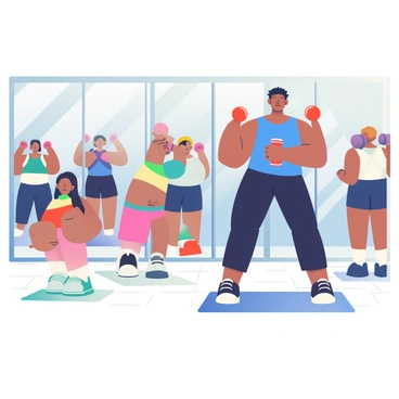 A fitness instructor with short black hair and wearing a bright blue tank top is leading a group class in a modern fitness studio. The instructor is demonstrating a dumbbell thruster, holding a pair of red dumbbells at shoulder height. The studio has large mirrors reflecting the participants. In the foreground, a diverse group of individuals is following the instructor's lead, each holding a pair of dumbbells. A few participants, wearing various colored workout gear, are mid-exercise, with some standing and others in a squat position while raising their weights overhead. The studio has a light wood floor and is well-lit by natural light streaming in through large windows.
