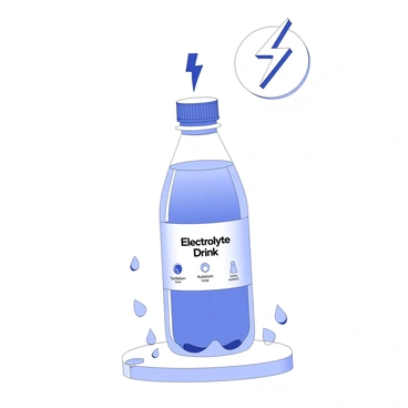 A sports drink bottle stands upright on a flat surface, showcasing a sleek, transparent design. The bottle is labeled with the words "Electrolyte Drink," prominently displayed on the front. Within the bottle, the liquid appears clear, with small icons of ions like sodium, potassium, and magnesium illustrated in a cascading manner, indicating the presence of these electrolytes. Surrounding the bottle, there are droplets of water, emphasizing its refreshing quality. Above the bottle, a graphic of a lightning bolt symbolizes energy, suggesting the drink's revitalizing properties.